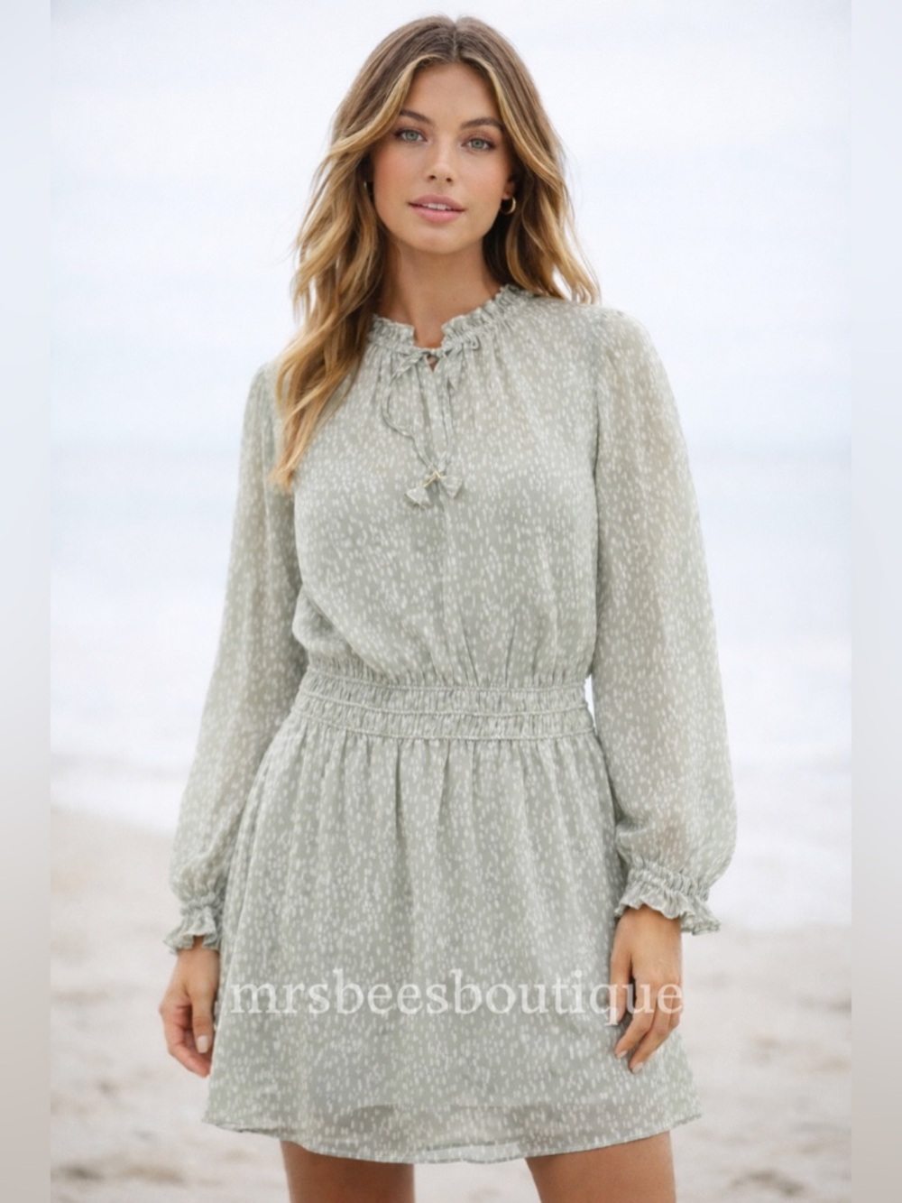 Socialite Sage Ivory Long Sleeve Mini Dress Medium NWT